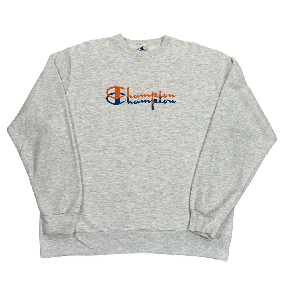 Vintage 90s Champion Gray Orange & Teal Double Script Logo Sweatshirt Size 2XL